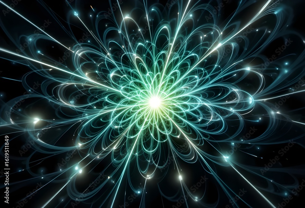 Poster abstract glowing flower with radiating lines and curved petals on a dark background design effect