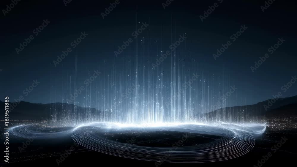 Poster imaginative representation of a white wireframe metropolis against a deep shadowy landscape with spa