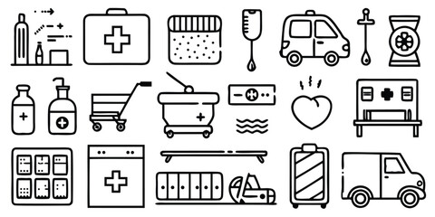 Collection of medical icons representing healthcare services and equipment in a clean line art style