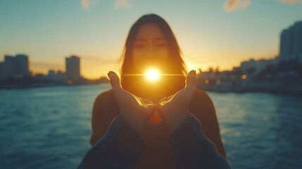Sunset cityscape captured by hands holding the light.