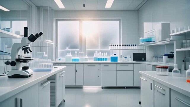 Brightly lit laboratory interior featuring a microscope, test tubes, and various equipment on white countertops and shelves.