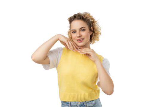 Young woman smiles playfully with hands, isolated on white, PNG