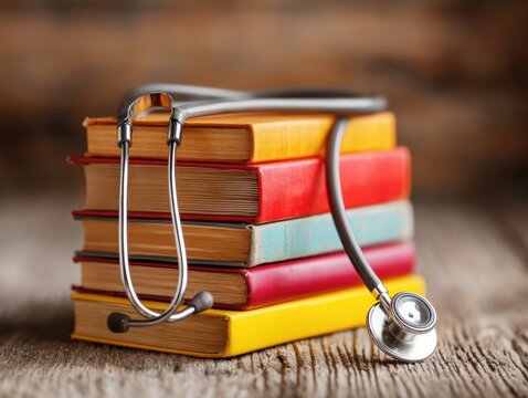 A collection of colorful medical books is stacked on a rustic wooden table. A stethoscope rests elegantly on top, symbolizing the connection between education and healthcare.
