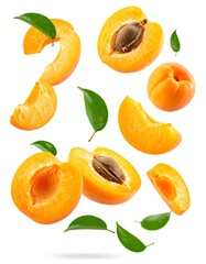 Fresh apricots sliced and whole, levitating