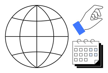 Globe representing worldwide scope, a hand making a planning gesture, and a calendar indicating scheduling. Ideal for global organization, planning, management, scheduling, business strategies