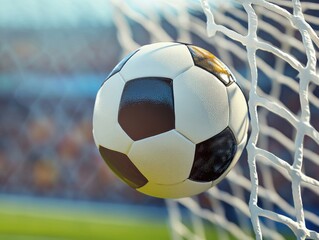 Soccer ball hitting the net during a competitive match at a stadium