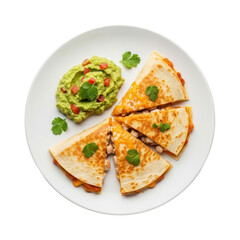 Overhead View of Sliced Quesadillas with Guacamole and Garnishes on a White Plate Against a Transparent Background