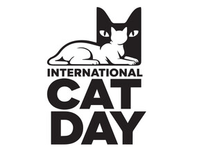 Black silhouette frames white cat lying atop bold International Cat Day text