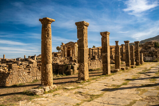 A striking low-angle shot showcases a series of remarkably preserved ancient Roman columns standing proudly against a dramatic blue sky with wispy clouds. These tall, weathered stone columns, with the