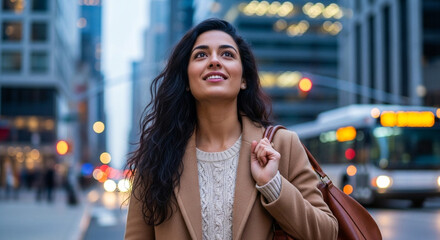 Young woman looking up with a smile on a city street with blurred background Vector illustration of
