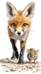 Red Fox and Mouse Watercolor Painting