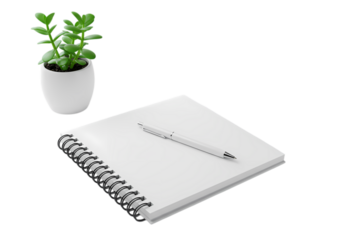 Minimalist Workspace Notebook Pen and Succulent Plant on Transparent background