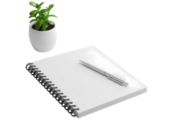 Blank Spiral Notebook Pen and Small Plant on Transparent background
