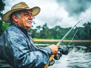 An elderly man in a wide-brimmed hat calmly fishes from a boat on a tranquil river, surrounded by lush greenery and cloudy skies, enjoying the serenity of nature.