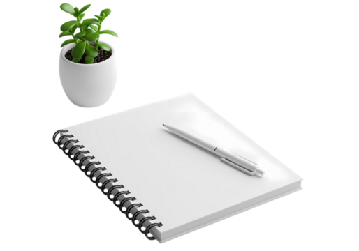 Blank Spiral Notebook Pen and Small Plant on Transparent background