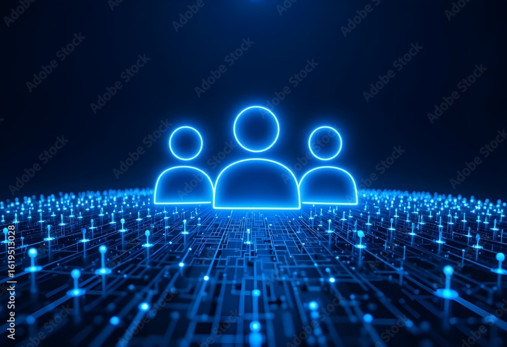 Poster glowing blue user icons on a circuit board representing network connections and communication flow