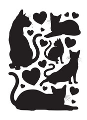 Multiple feline silhouettes are scattered amid various heart shapes in this transparent background image