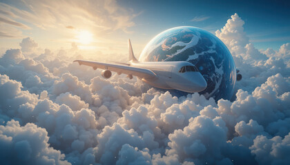 Airplane Flying Through Clouds with Earth in Background at Sunrise, Capturing the Beauty of Aviation and Nature in a Serene Sky