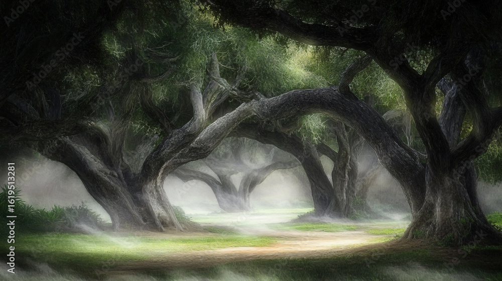 Poster enchanting forest shrouded in mysterious fog with towering trees and a sense of tranquility