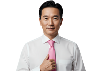 Professional Asian Man in White Shirt and Pink Tie Corporate Portrait for Business Finance and Leadership on Transparent background