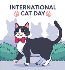 Tuxedo cat wearing a red bow tie struts for International Cat Day illustration