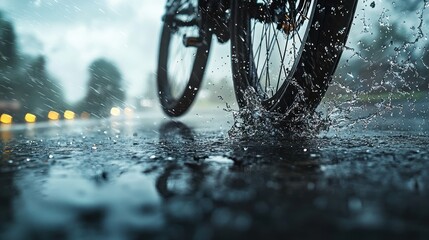 Rainy Ride: Bicycle Wheel Splashing Through Puddles