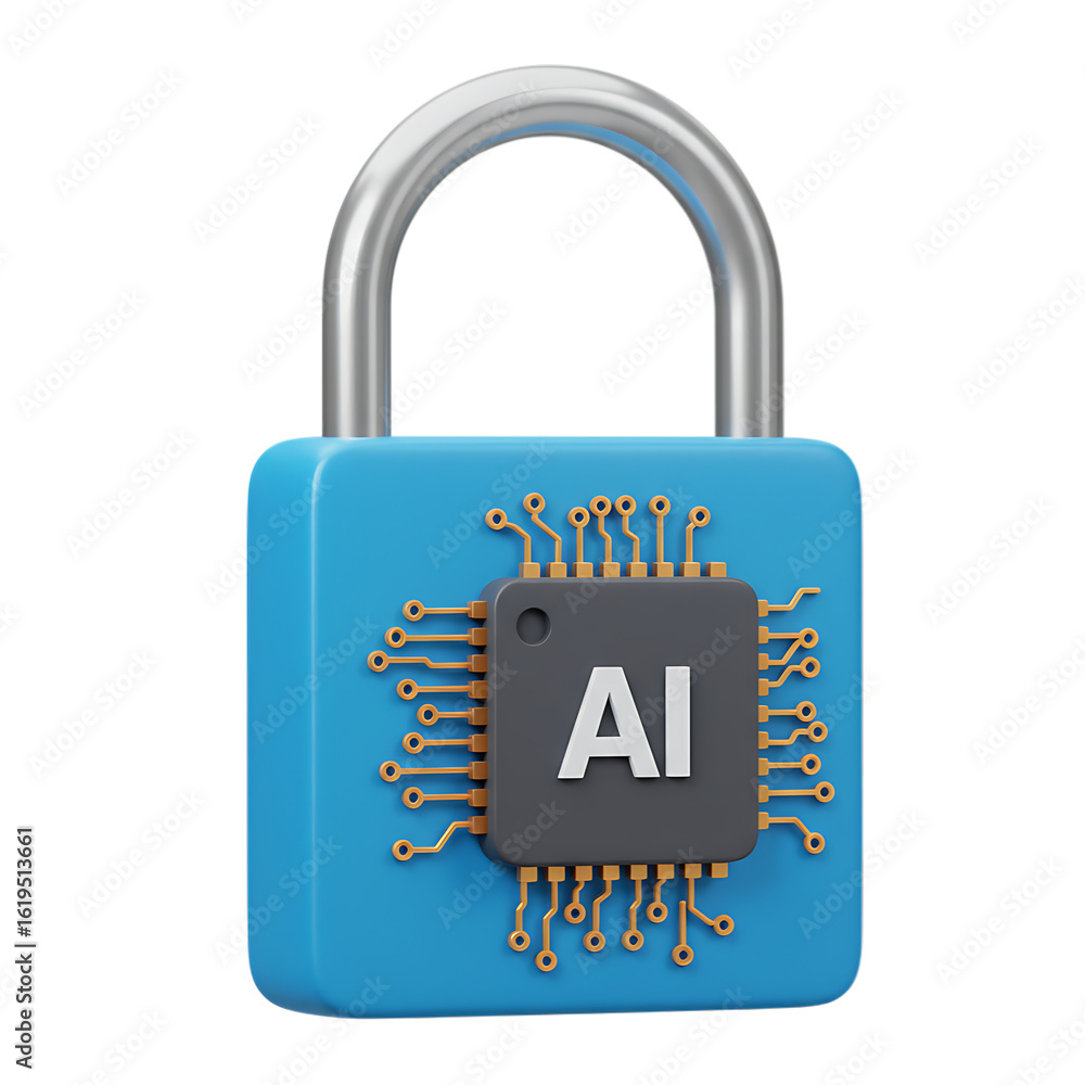 Poster ai security padlock with circuitry on transparent background