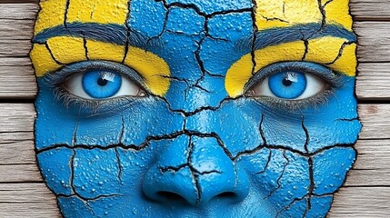 Face painted with the flag of a country, showing a cracked texture.
