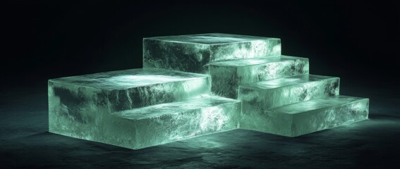 Two square stairs made from light green ice, dark background, studio shot, photorealistic