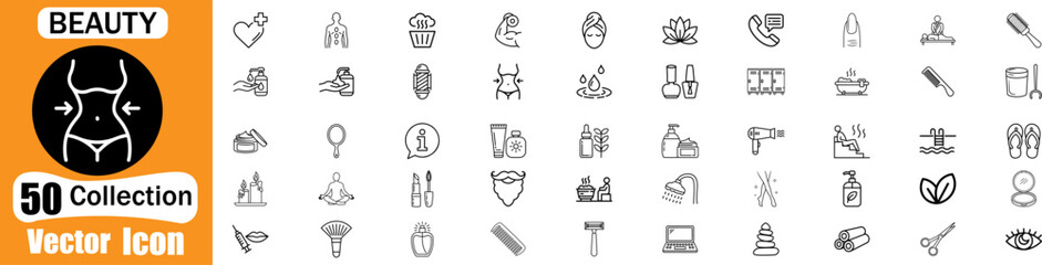 Obraz premium Beauty and spa line icon set. Editable stroke. Containing skin care, spa, treatment, cosmetology, cosmetics, massage, and more. Vector illustration