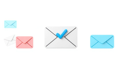 Colorful 3D envelopes with a check mark symbol representing email communication success in a clean and modern digital space
