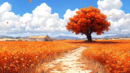 A picturesque, autumnal field with a solitary tree.