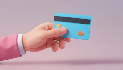 Hand Holding a Light Blue Credit Card with Chip and Magnetic Strip Against a Soft Pink Background