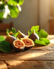 A ripe fig on a rustic wooden table with fig leaves around it