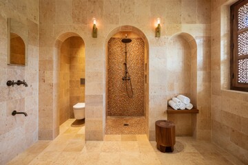 Luxurious Bathroom Retreat Featuring Stone Walls and Mosaic Shower Enclosure
