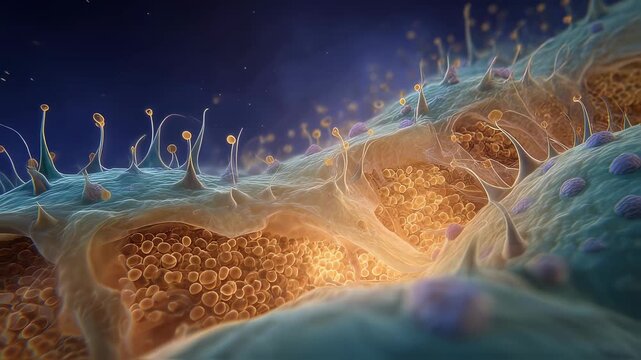 Medical illustration animation focusing on sebaceous gland hyperactivity leading to follicle inflammation and the formation of illuminated pustular acne.