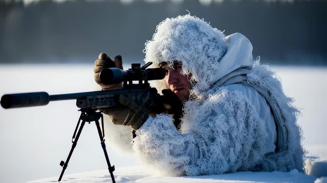 Man in ghillie suit aiming sniper rifle in winter landscape, military operation concept footage.