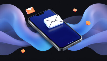 Modern smartphone with email icon surrounded by abstract colorful elements on a dark background, representing digital communication and technology trends