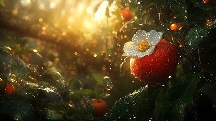 A radiant  blossom in a glistening orchard.