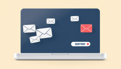 Laptop Displaying Floating Emails and Notification Icon for Digital Communication and Correspondence Concept