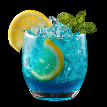 The Blue Lagoon is a vibrant, icy cocktail with a striking blue curasao base, mixed with vodka and lemonade. Garnished with lemon and mint, cut-out, clipping path, transparent