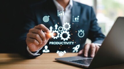 Driving Business Productivity: A business professional interacting with glowing gears and upward arrows on a laptop, illustrating enhanced workflow, efficiency gains, and performance optimization