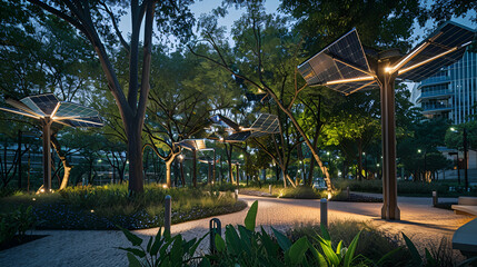 Fototapeta premium Illuminated park pathway with solar panel trees and lush greenery at dusk creating a serene atmosphere .