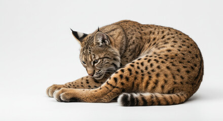 Eurasian Lynx Grooming Itself CloseUp Studio Shot.