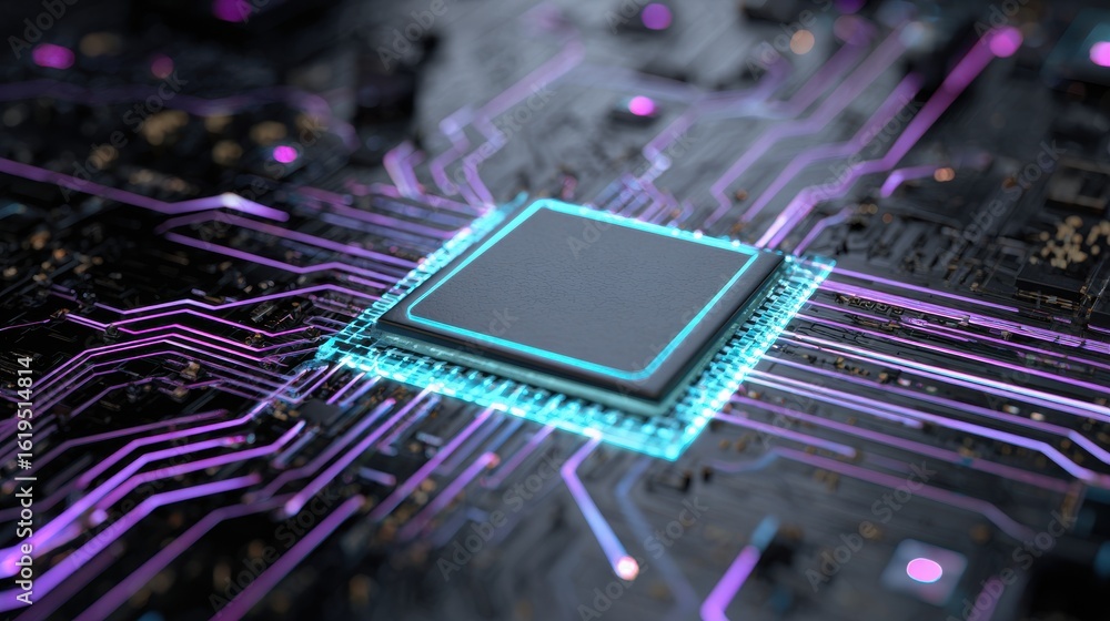 Poster a futuristic close-up of a glowing central microchip on a sleek black circuit board, the chip outlin