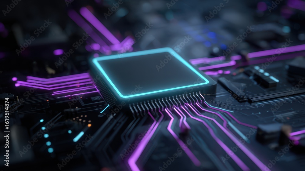 Fototapete a futuristic close-up of a glowing central microchip on a sleek black circuit board, the chip outlin