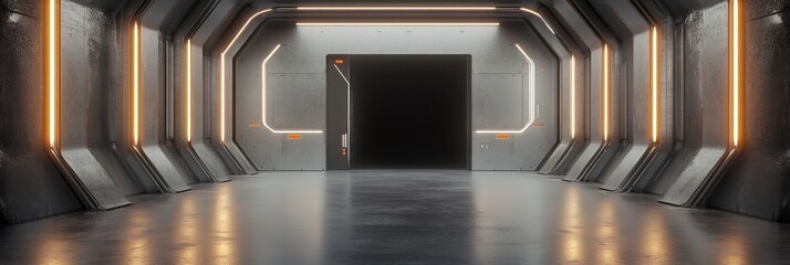 Black background with orange neon lights in a futuristic sci-fi space station interior, with a door frame