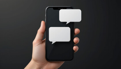 Hand holding smartphone with empty speech bubbles on screen for communication concept and digital messaging ideas in modern technology and interaction