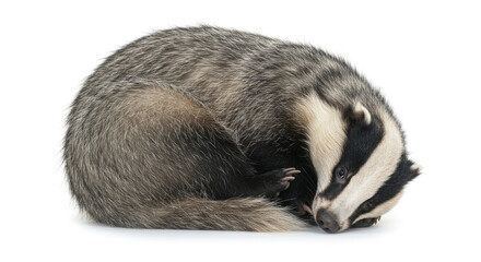 Fototapeta premium European Badger Curled Up Sleeping Isolated on White.