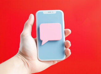 Hand Holding Smartphone with Speech Bubble Illustration on Bright Red Background for Communication Concept